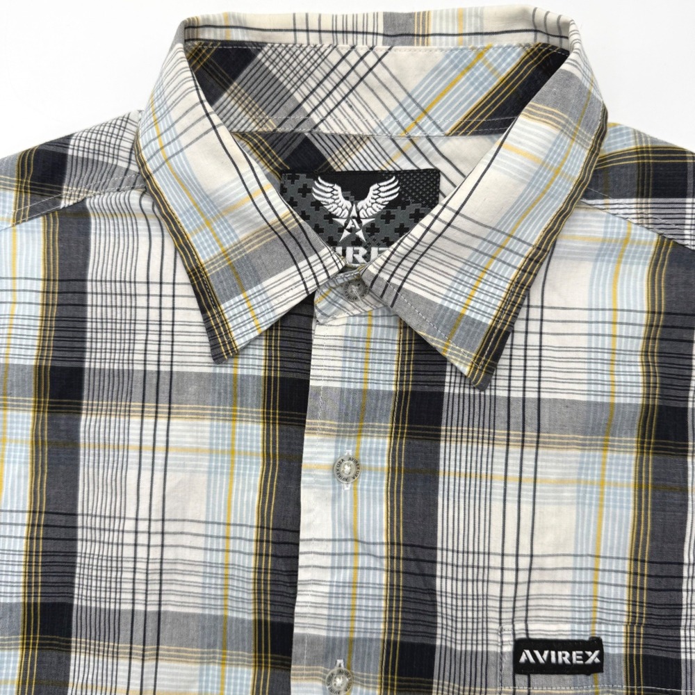 Avirex Button Down Shirt Mens Large Black White Yellow Plaid Short Sleeve